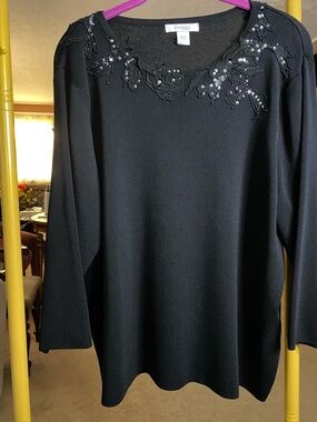 dressbarn Black Embellished Floral Neck Sweater